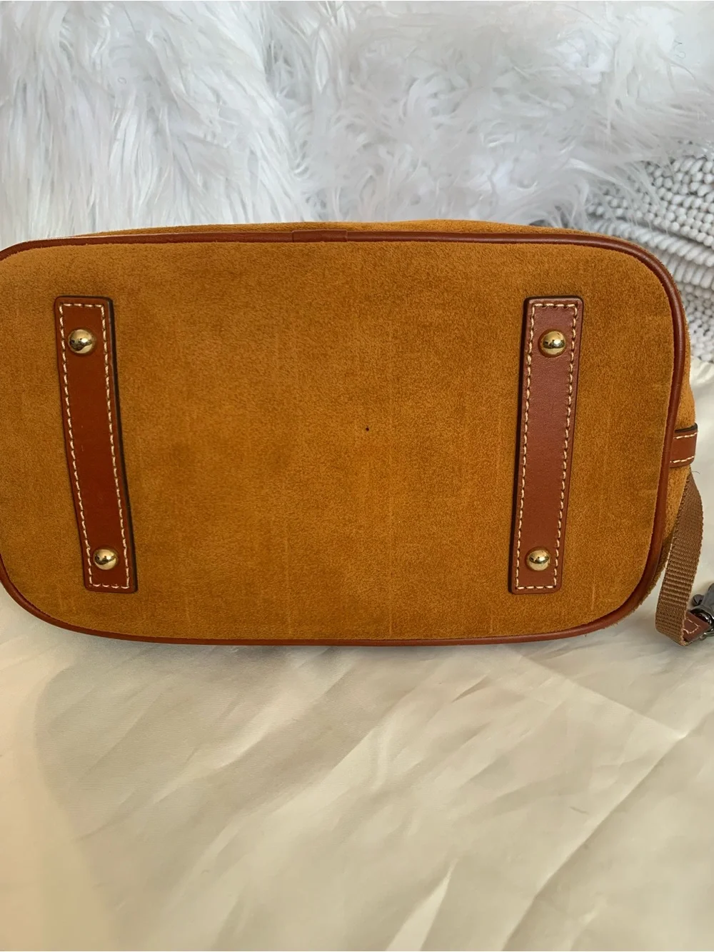 GUC. Dooney & Bourke Suede Satchel in honey Brown with Tan Leather Trim.